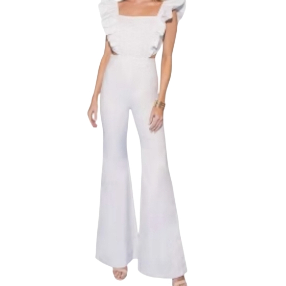 Flying Tomato White Denim Alluring Dream Ruffled Jumpsuit Size Medium